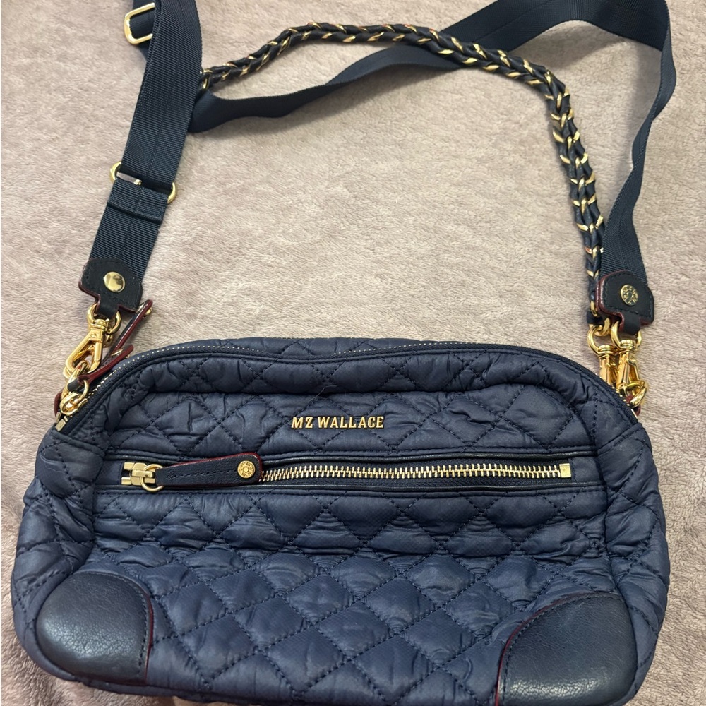 MZ Wallace Quilted Navy Crossbody Bag with Gold Accents